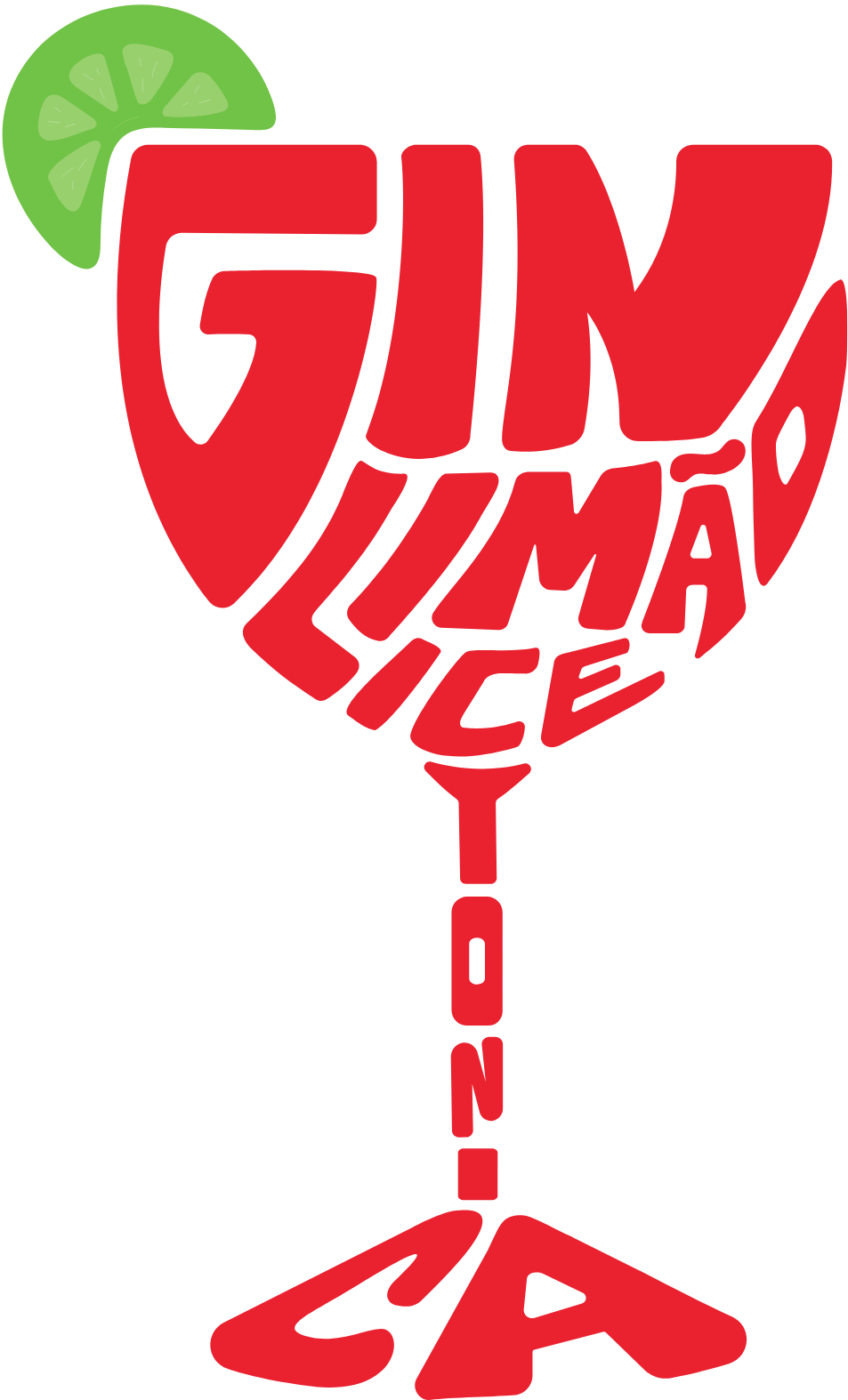 Imagem composta por palavras escritas em vermelho que formam a silhueta de uma taça: Gin Limão Ice Tonica. Em cima há o desenho de um limão.